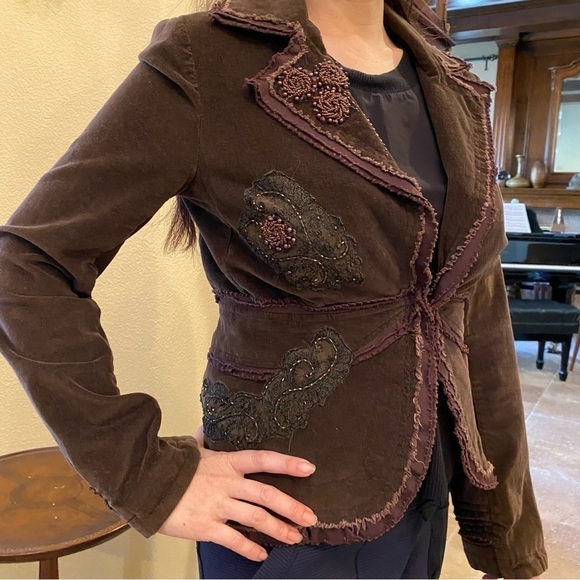 FLAIR COLLECTION Women Brown Embellished Corduroy Boho Blazer-Medium-Fit Small - Picture 2 of 11